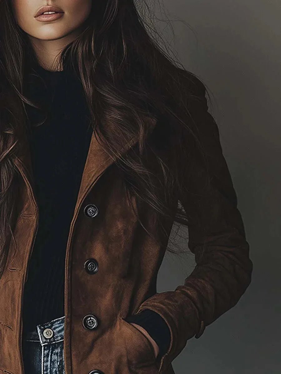 Elegant Brown Suede Coat – Single - Breasted Street Chic - LunaKit.LTD