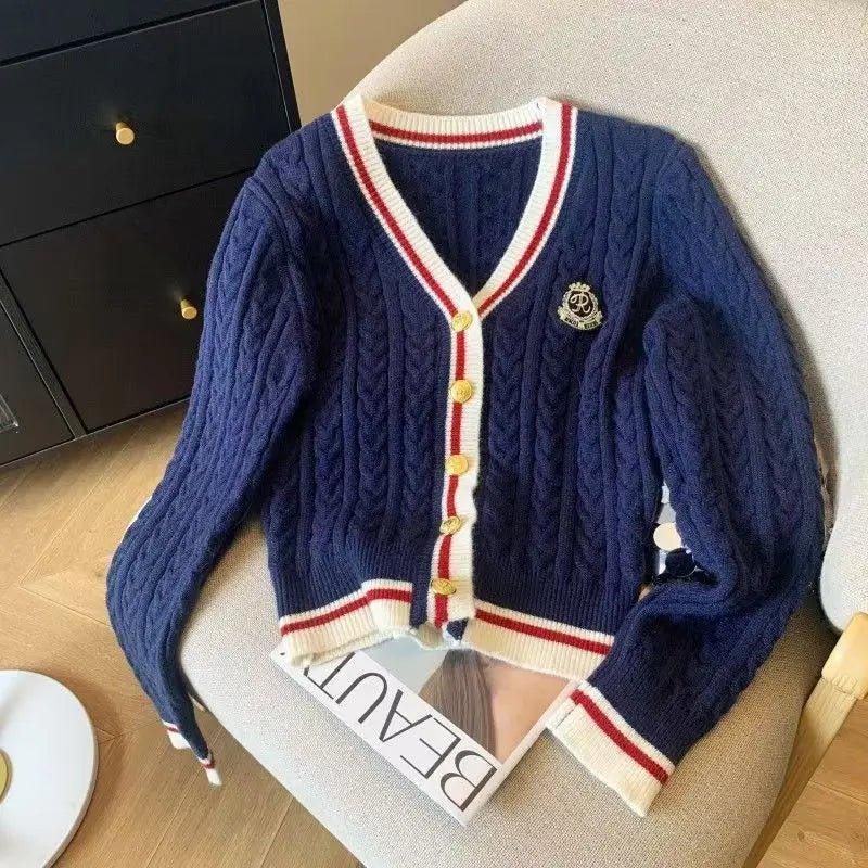 V - Neck Knit Sweater – Retro Badge Embroidery Style - LunaKit.LTD