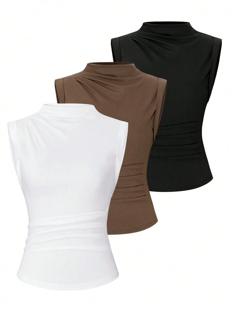 Solid Color Stand Collar Pleated Tank Top