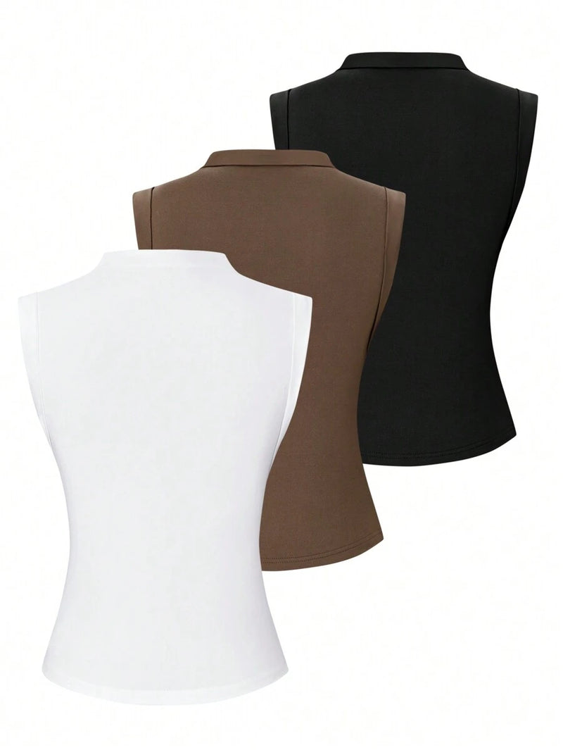 Solid Color Stand Collar Pleated Tank Top