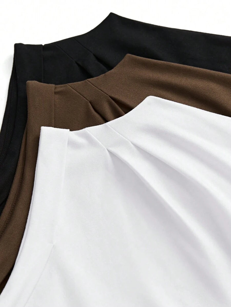 Solid Color Stand Collar Pleated Tank Top