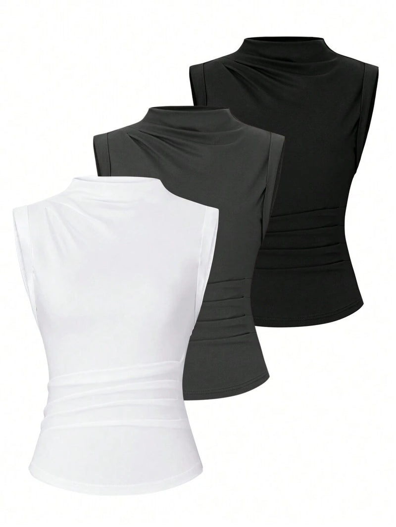 Solid Color Stand Collar Pleated Tank Top