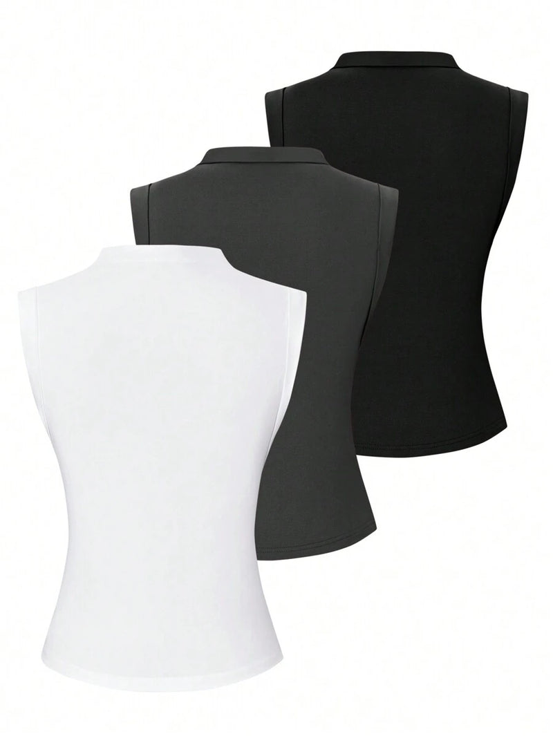 Solid Color Stand Collar Pleated Tank Top