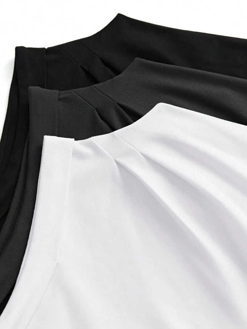 Solid Color Stand Collar Pleated Tank Top