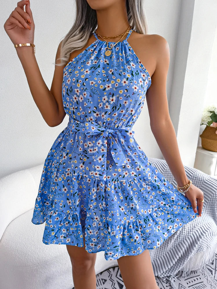 Summer Halter Floral Beach Short Dress