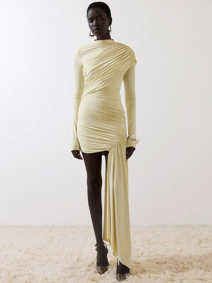 Asymmetric Draped Evening Dress – One - Shoulder High Slit - LunaKit.LTD