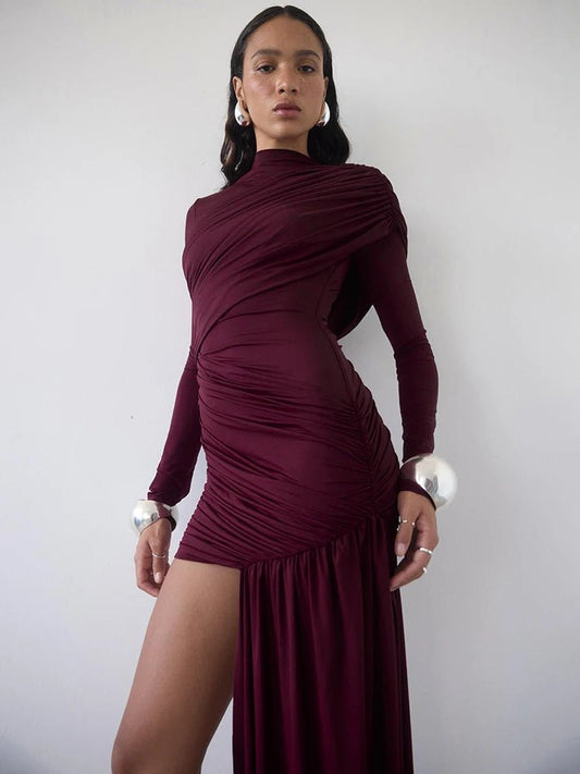 Asymmetric Draped Evening Dress – One - Shoulder High Slit - LunaKit.LTD