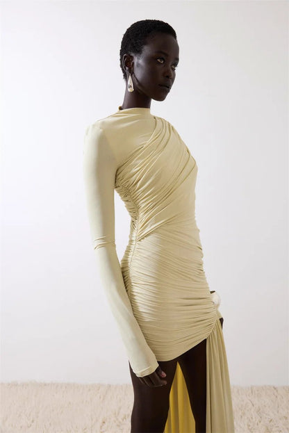 Asymmetric Draped Evening Dress – One - Shoulder High Slit - LunaKit.LTD