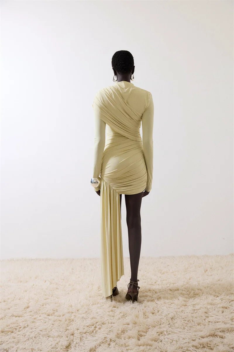 Asymmetric Draped Evening Dress – One - Shoulder High Slit - LunaKit.LTD
