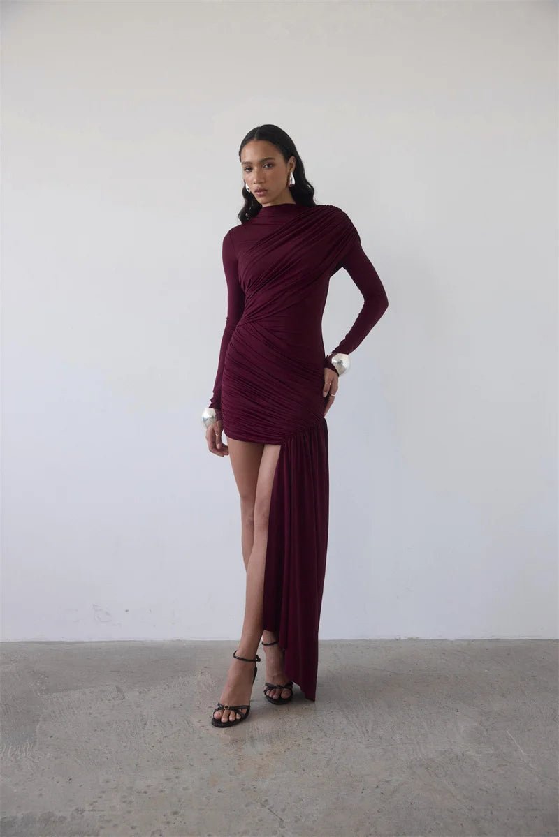 Asymmetric Draped Evening Dress – One - Shoulder High Slit - LunaKit.LTD