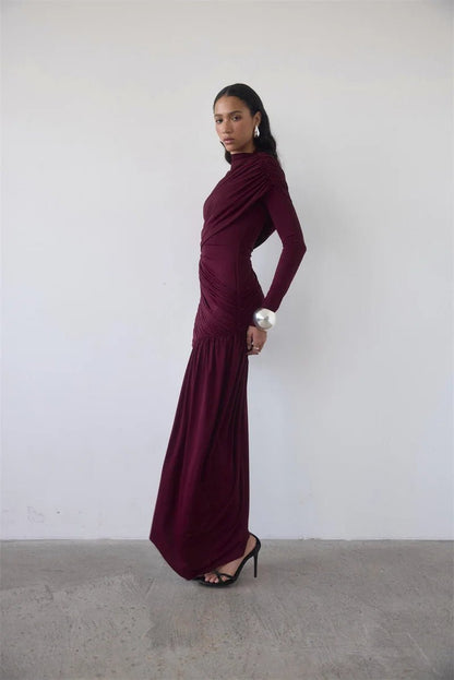 Asymmetric Draped Evening Dress – One - Shoulder High Slit - LunaKit.LTD