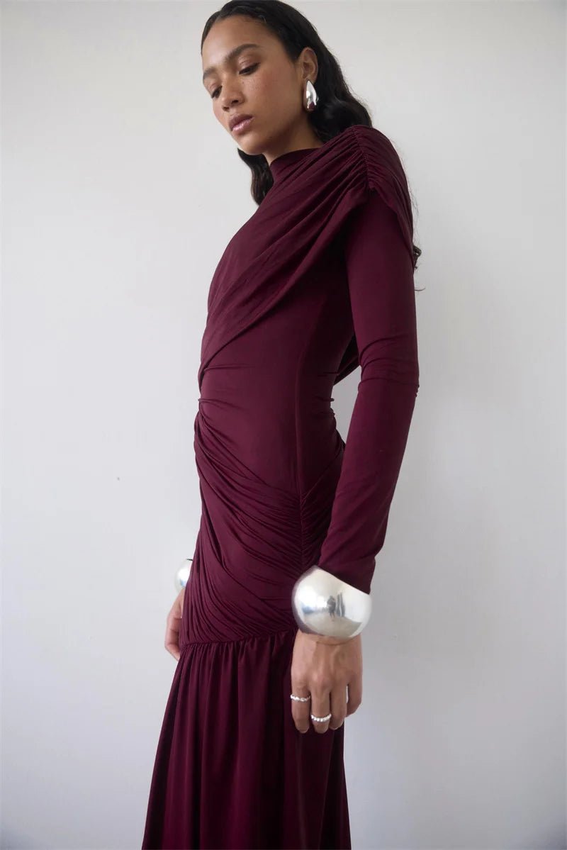 Asymmetric Draped Evening Dress – One - Shoulder High Slit - LunaKit.LTD