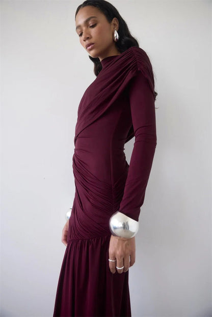 Asymmetric Draped Evening Dress – One - Shoulder High Slit - LunaKit.LTD