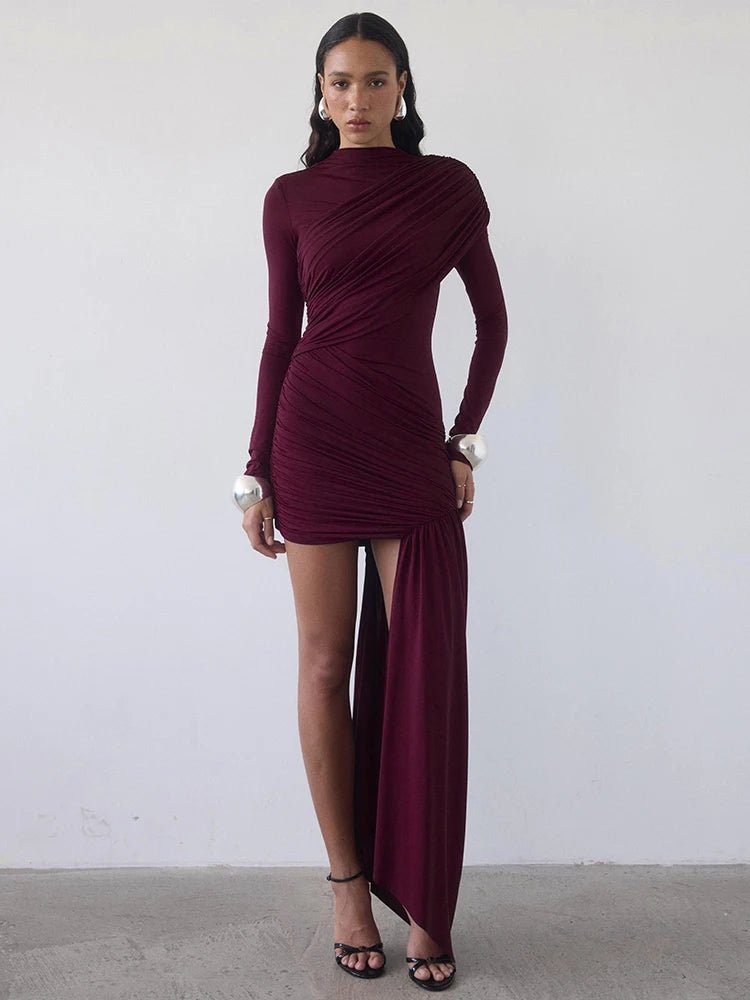Asymmetric Draped Evening Dress – One - Shoulder High Slit - LunaKit.LTD
