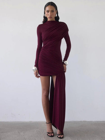 Asymmetric Draped Evening Dress – One - Shoulder High Slit - LunaKit.LTD