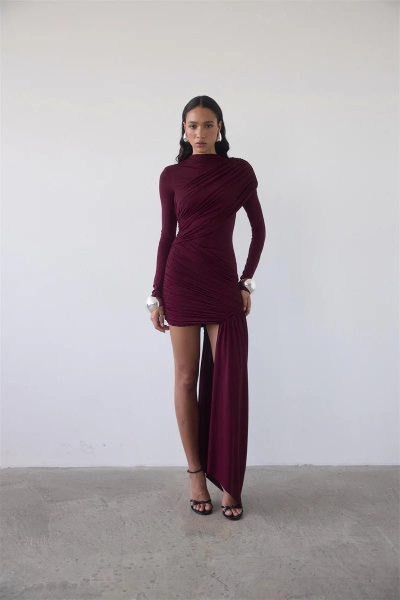 Asymmetric Draped Evening Dress – One - Shoulder High Slit - LunaKit.LTD