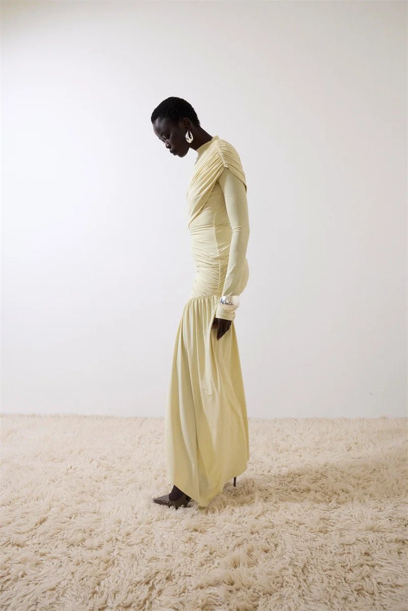 Asymmetric Draped Evening Dress – One - Shoulder High Slit - LunaKit.LTD