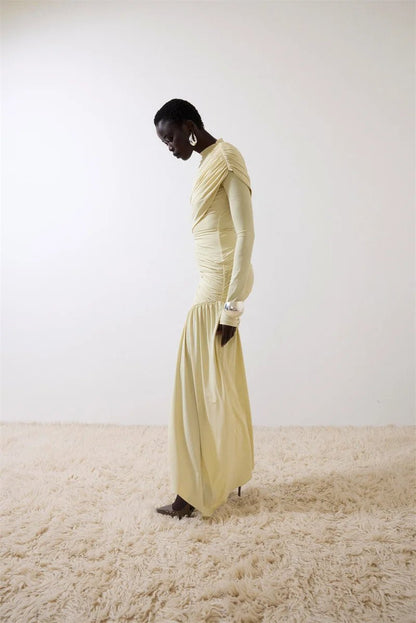 Asymmetric Draped Evening Dress – One - Shoulder High Slit - LunaKit.LTD