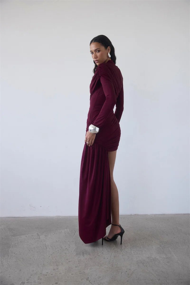 Asymmetric Draped Evening Dress – One - Shoulder High Slit - LunaKit.LTD