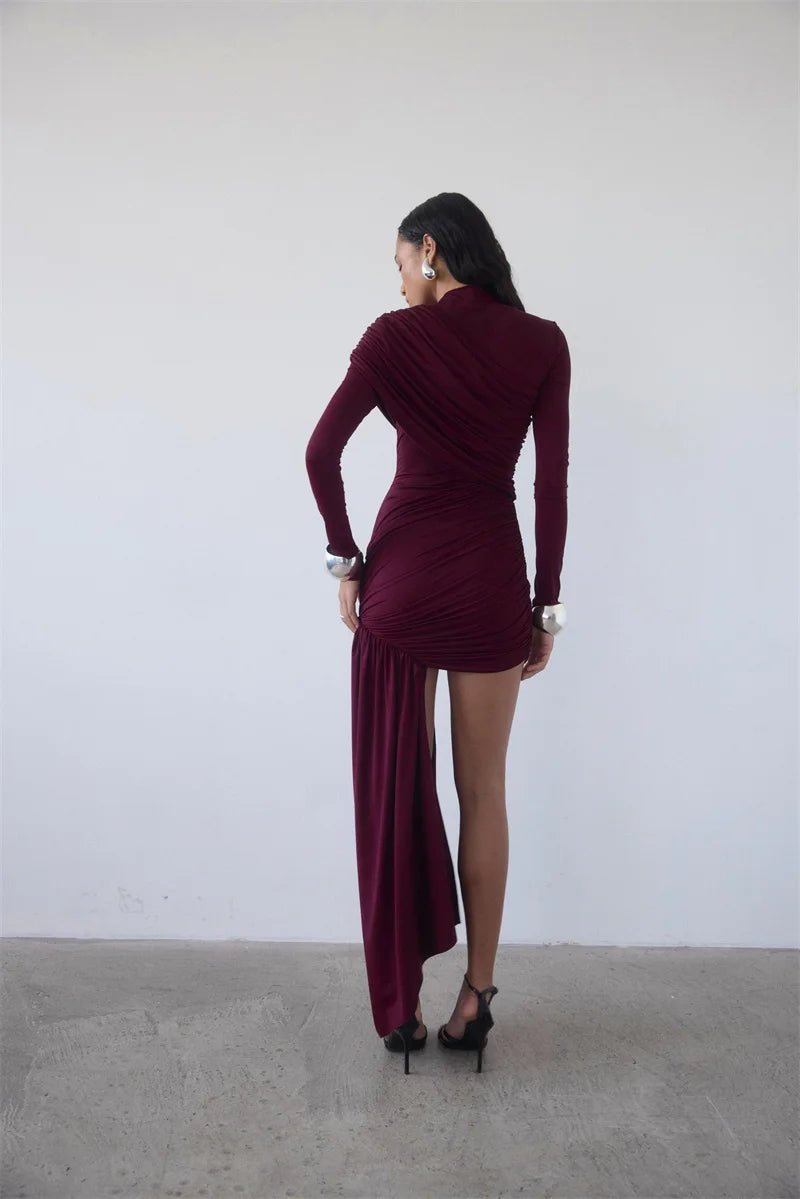 Asymmetric Draped Evening Dress – One - Shoulder High Slit - LunaKit.LTD