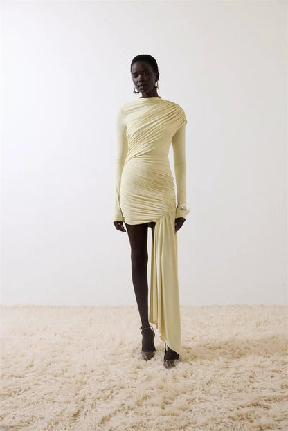 Asymmetric Draped Evening Dress – One - Shoulder High Slit - LunaKit.LTD