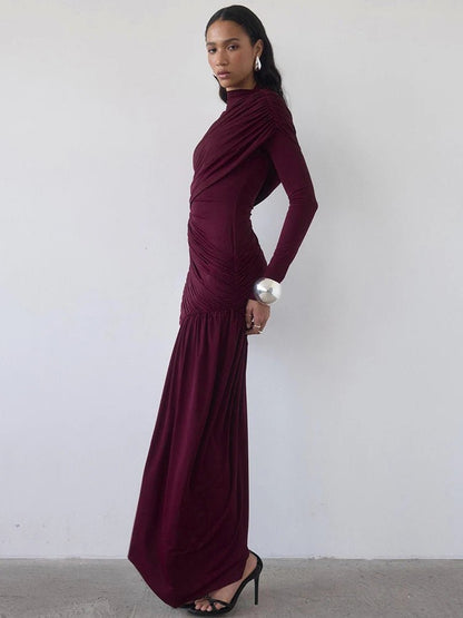 Asymmetric Draped Evening Dress – One - Shoulder High Slit - LunaKit.LTD