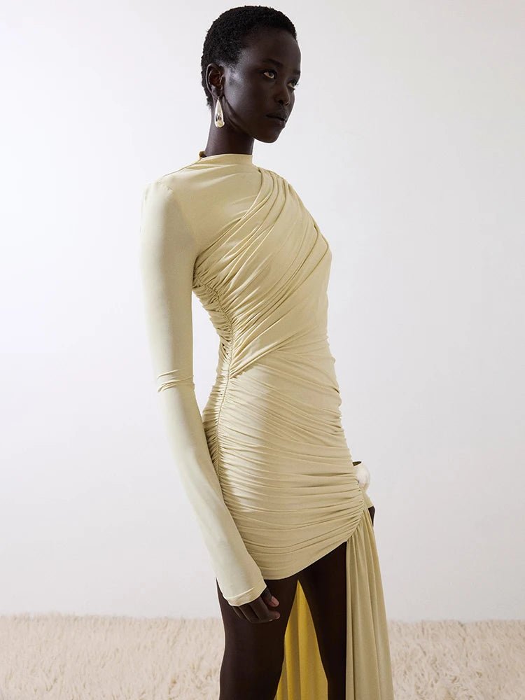 Asymmetric Draped Evening Dress – One - Shoulder High Slit - LunaKit.LTD