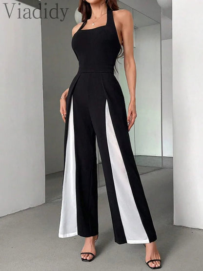 Backless Halter Jumpsuit – Chic Colorblock Elegance - LunaKit.LTD