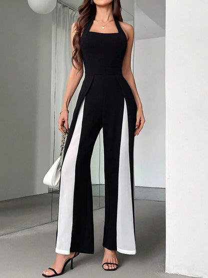 Backless Halter Jumpsuit – Chic Colorblock Elegance - LunaKit.LTD
