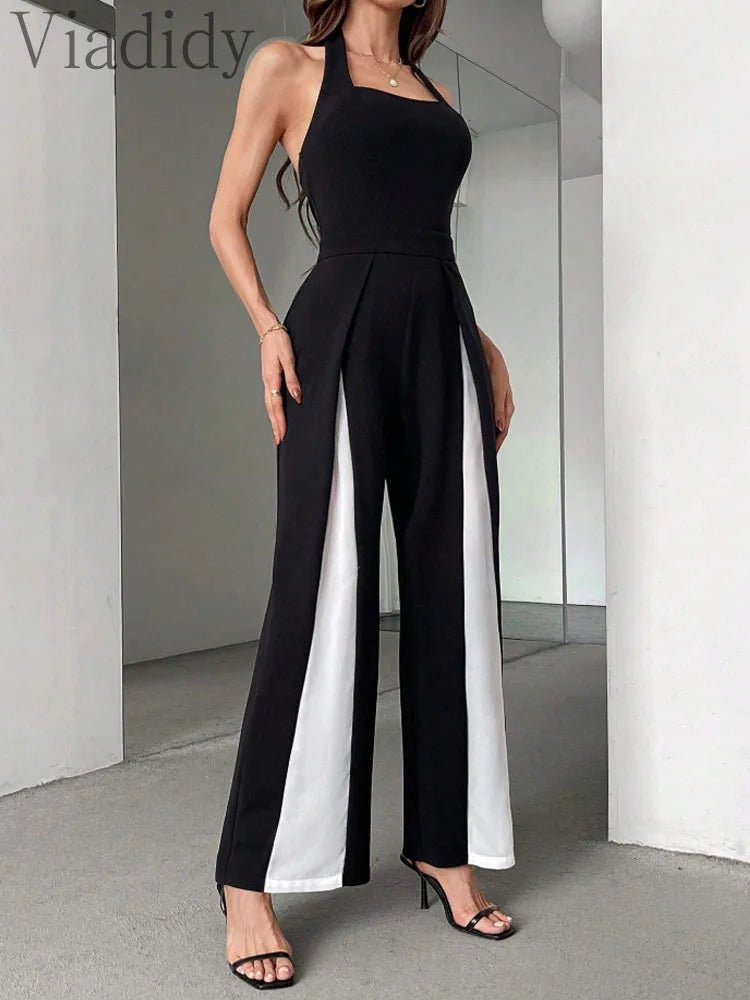 Backless Halter Jumpsuit – Chic Colorblock Elegance - LunaKit.LTD