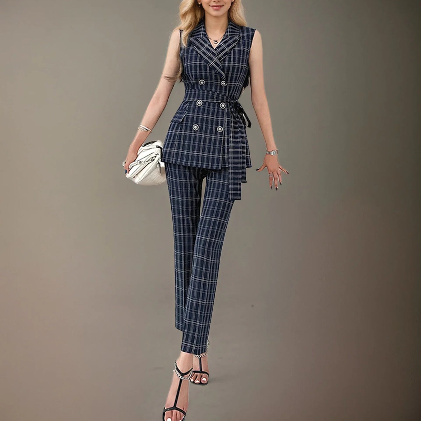 Belted Plaid Suit – Modern Summer Office Look - LunaKit.LTD