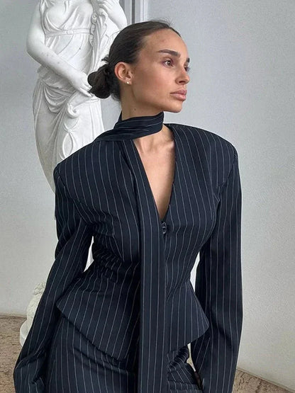 Button - Up V - Neck Blouse – Striped Modern Style - LunaKit.LTD