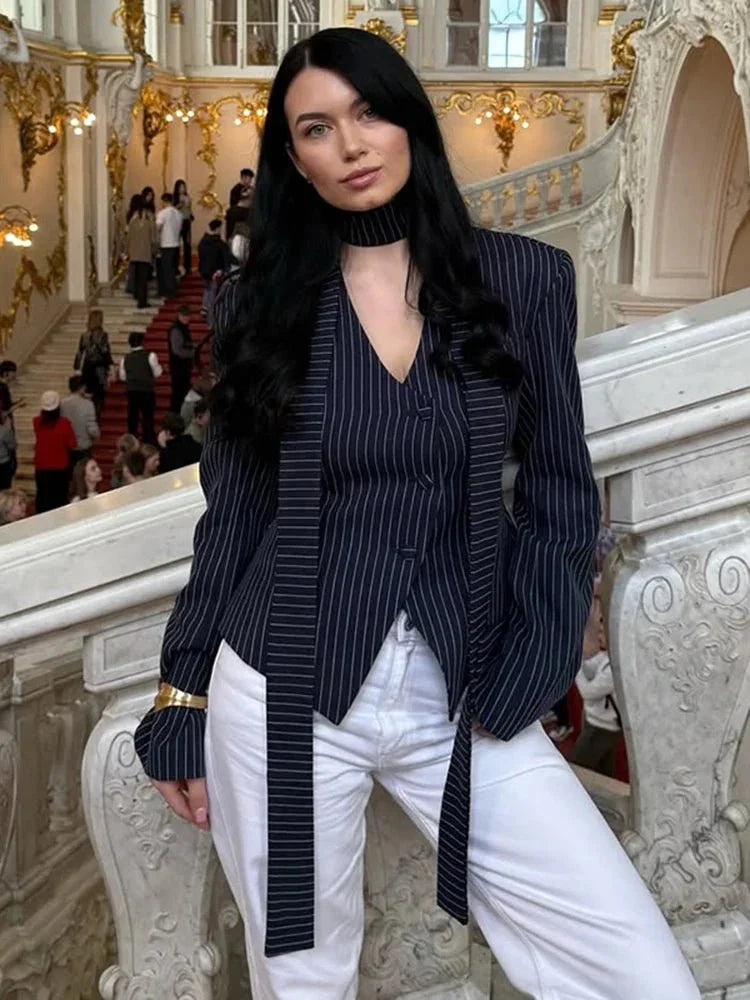 Button - Up V - Neck Blouse – Striped Modern Style - LunaKit.LTD