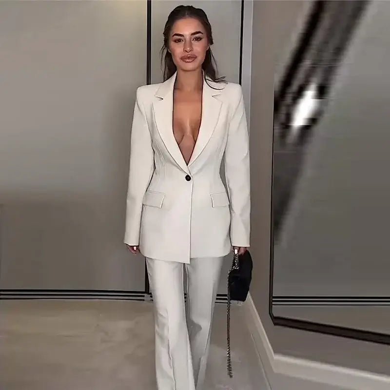 Chic Office Suit – Slim Blazer with Pockets & Wide Pants - LunaKit.LTD