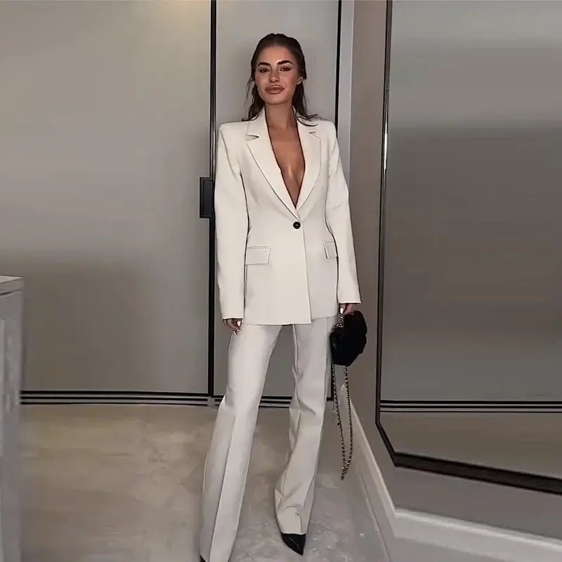 Chic Office Suit – Slim Blazer with Pockets & Wide Pants - LunaKit.LTD