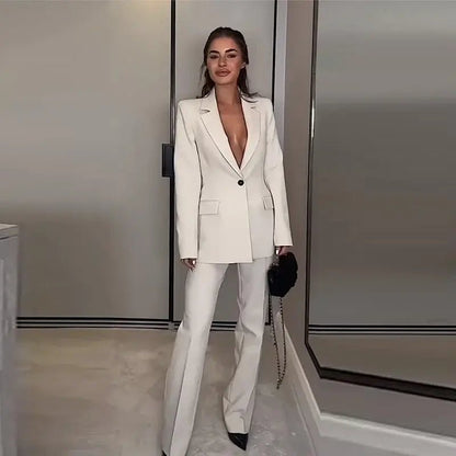 Chic Office Suit – Slim Blazer with Pockets & Wide Pants - LunaKit.LTD