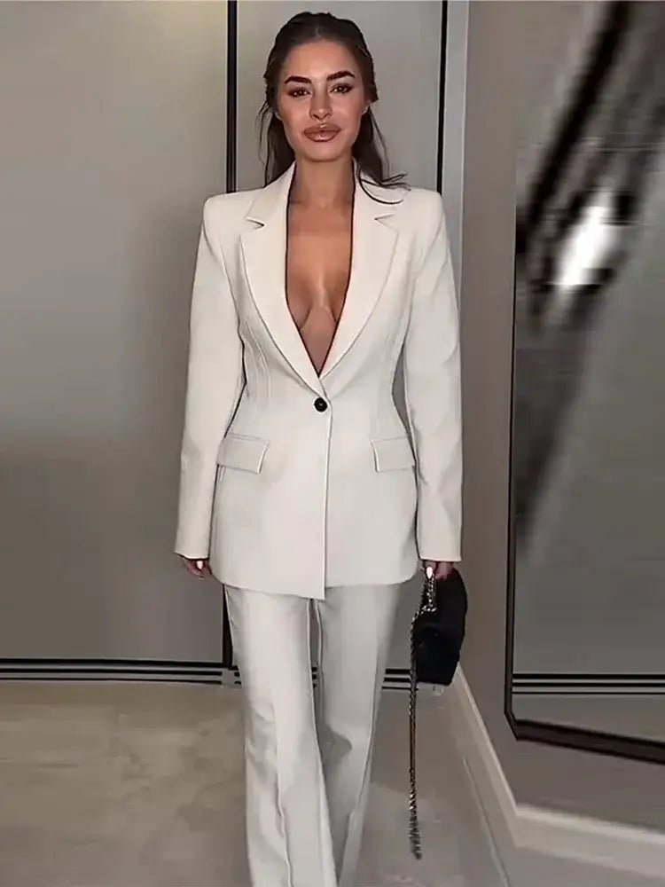 Chic Office Suit – Slim Blazer with Pockets & Wide Pants - LunaKit.LTD