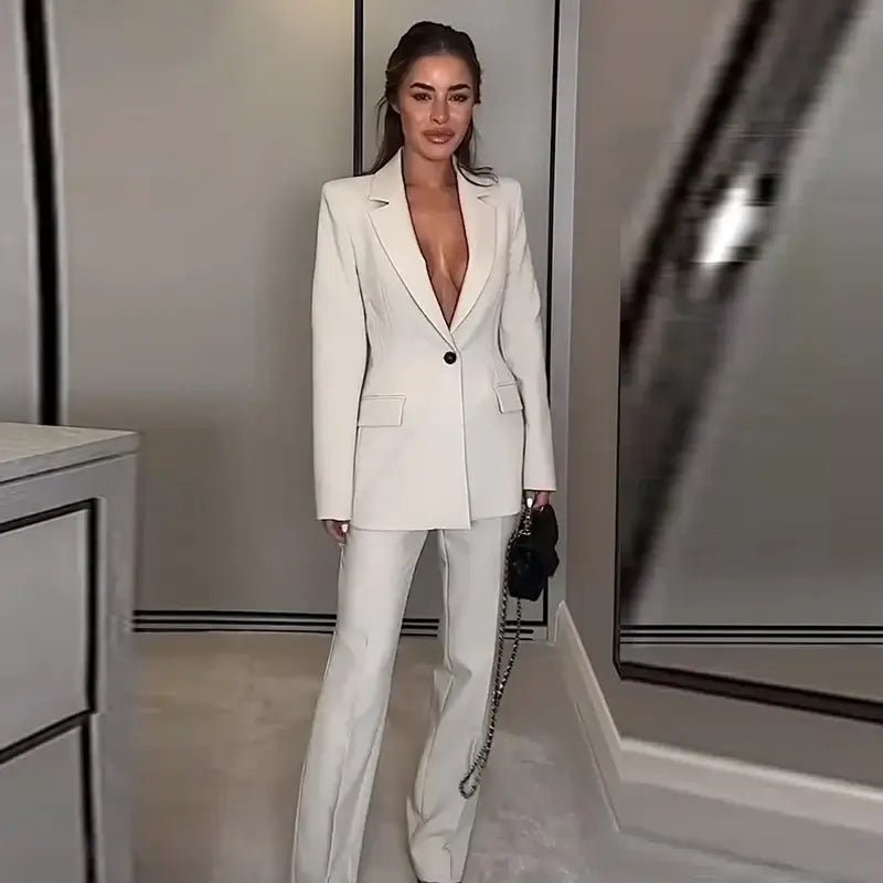 Chic Office Suit – Slim Blazer with Pockets & Wide Pants - LunaKit.LTD