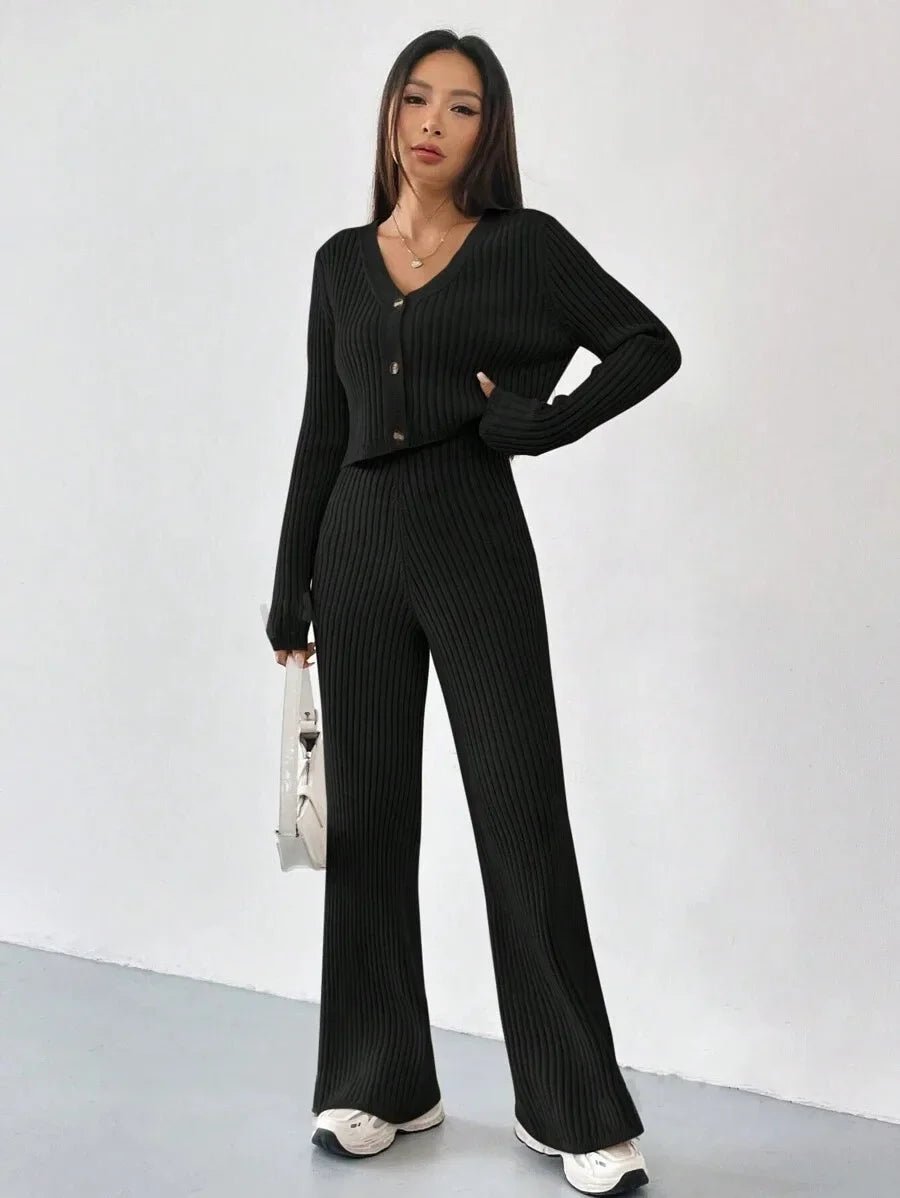 Chic Two - Piece Set – V - Neck Blouse & Relaxed Pants - LunaKit.LTD