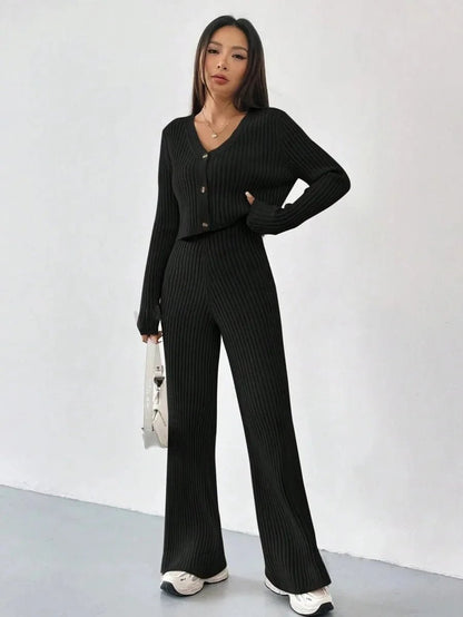 Chic Two - Piece Set – V - Neck Blouse & Relaxed Pants - LunaKit.LTD