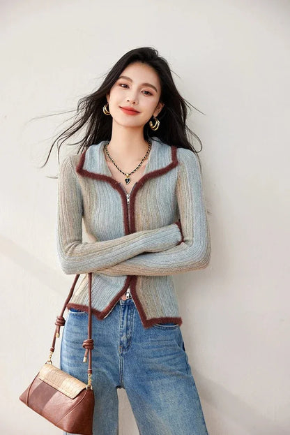 Colorblock Knit Zip Top – Korean Fashion Style - LunaKit.LTD