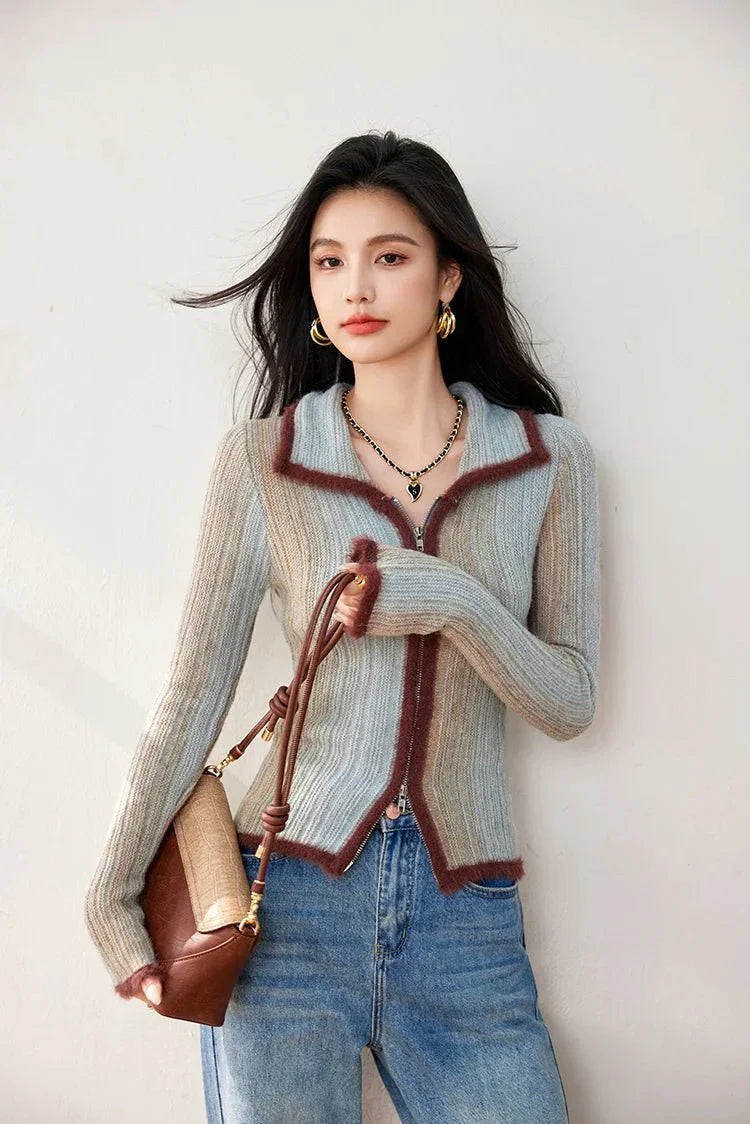 Colorblock Knit Zip Top – Korean Fashion Style - LunaKit.LTD