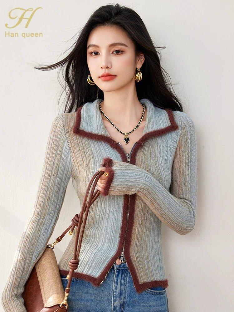 Colorblock Knit Zip Top – Korean Fashion Style - LunaKit.LTD