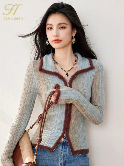 Colorblock Knit Zip Top – Korean Fashion Style - LunaKit.LTD