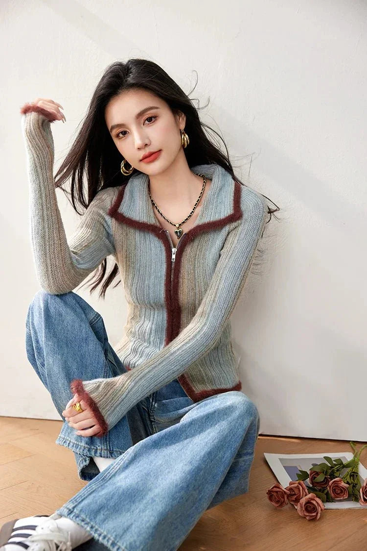 Colorblock Knit Zip Top – Korean Fashion Style - LunaKit.LTD
