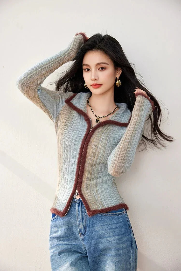 Colorblock Knit Zip Top – Korean Fashion Style - LunaKit.LTD