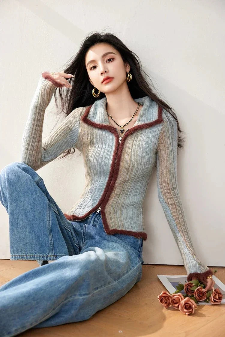 Colorblock Knit Zip Top – Korean Fashion Style - LunaKit.LTD