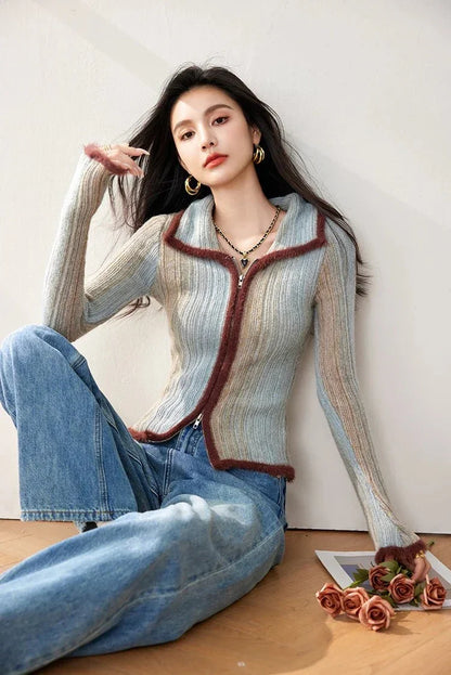 Colorblock Knit Zip Top – Korean Fashion Style - LunaKit.LTD