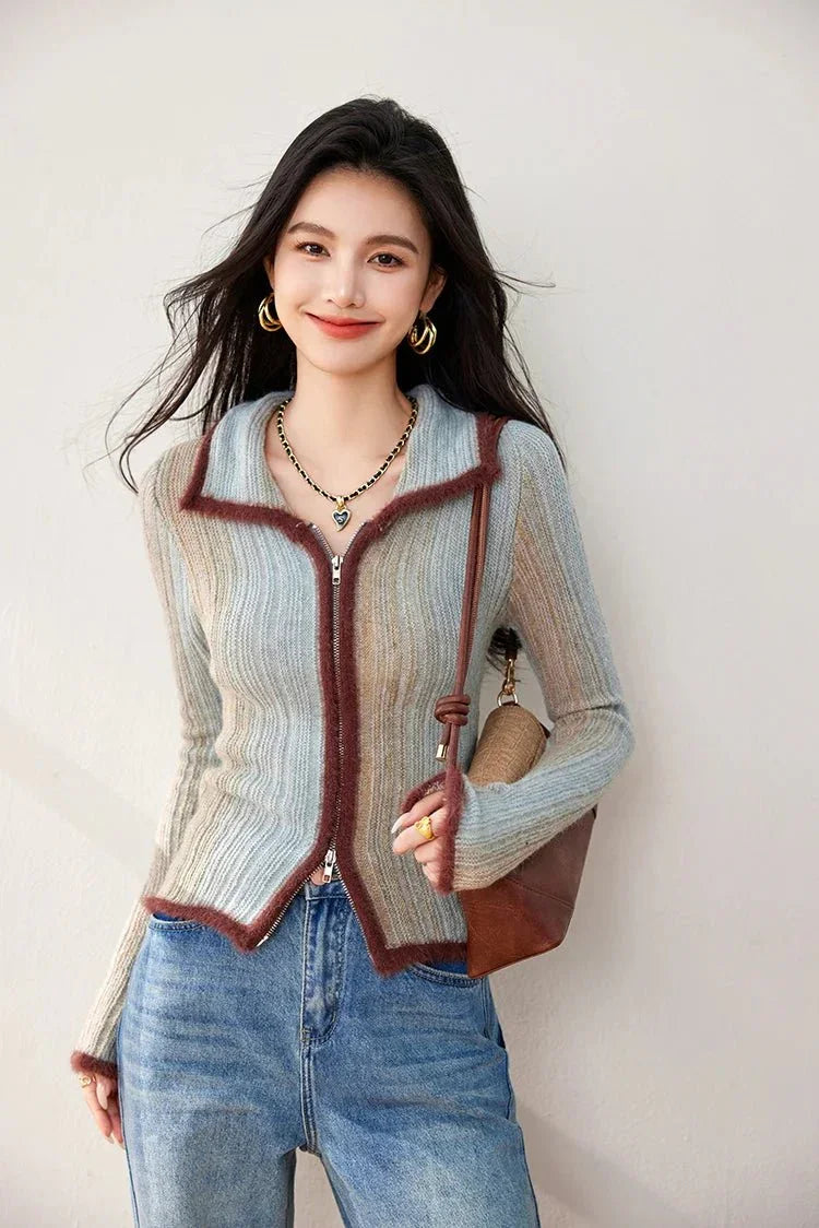 Colorblock Knit Zip Top – Korean Fashion Style - LunaKit.LTD