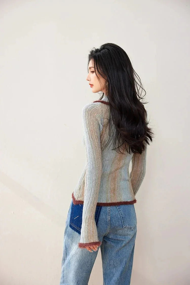 Colorblock Knit Zip Top – Korean Fashion Style - LunaKit.LTD